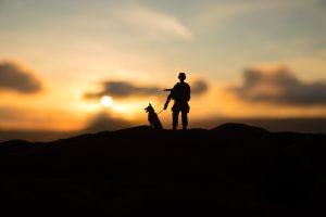 Silouette of a soldier and his dog against a sunset backdrop.