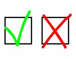 Box with two boxes in it. One box has a green check mark and the other box has a red x.