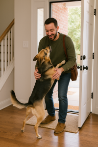 AI generated picture of a friendly German Shepherd dog jumping on an man with a beard wearing jeans and an olive-green sweater who is entering the house.