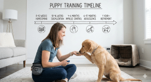 Female dog trainer sitting on the floor in front of a Golden Retriever puppy. The puppy is putting its paw in the trainer's hand.