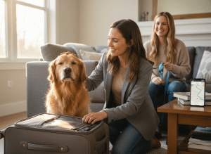 Owner preparing calm dog for travel with professional pet care support