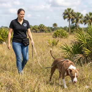 Dog on an adventure outing in Miami wearing a harness and long line