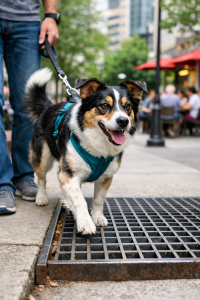 Dog walking across a metal grate in an urban environment while exploring new surfaces on leash